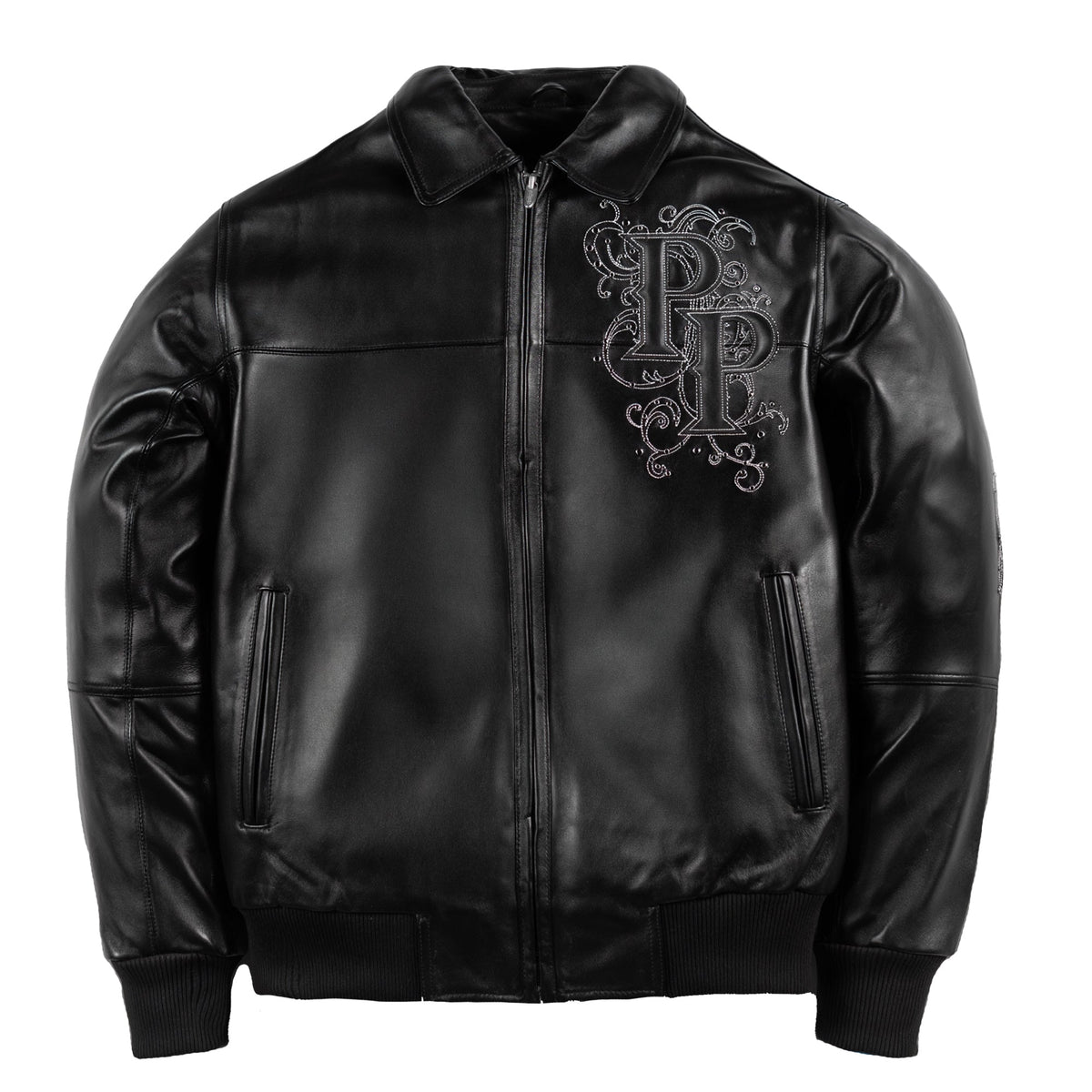 A black leather bomber jacket with a front zipper, ribbed collar, cuffs, and hem, featuring a decorative silver-toned 'P&P' monogram embroidered on the left chest, shown against a plain white background.
