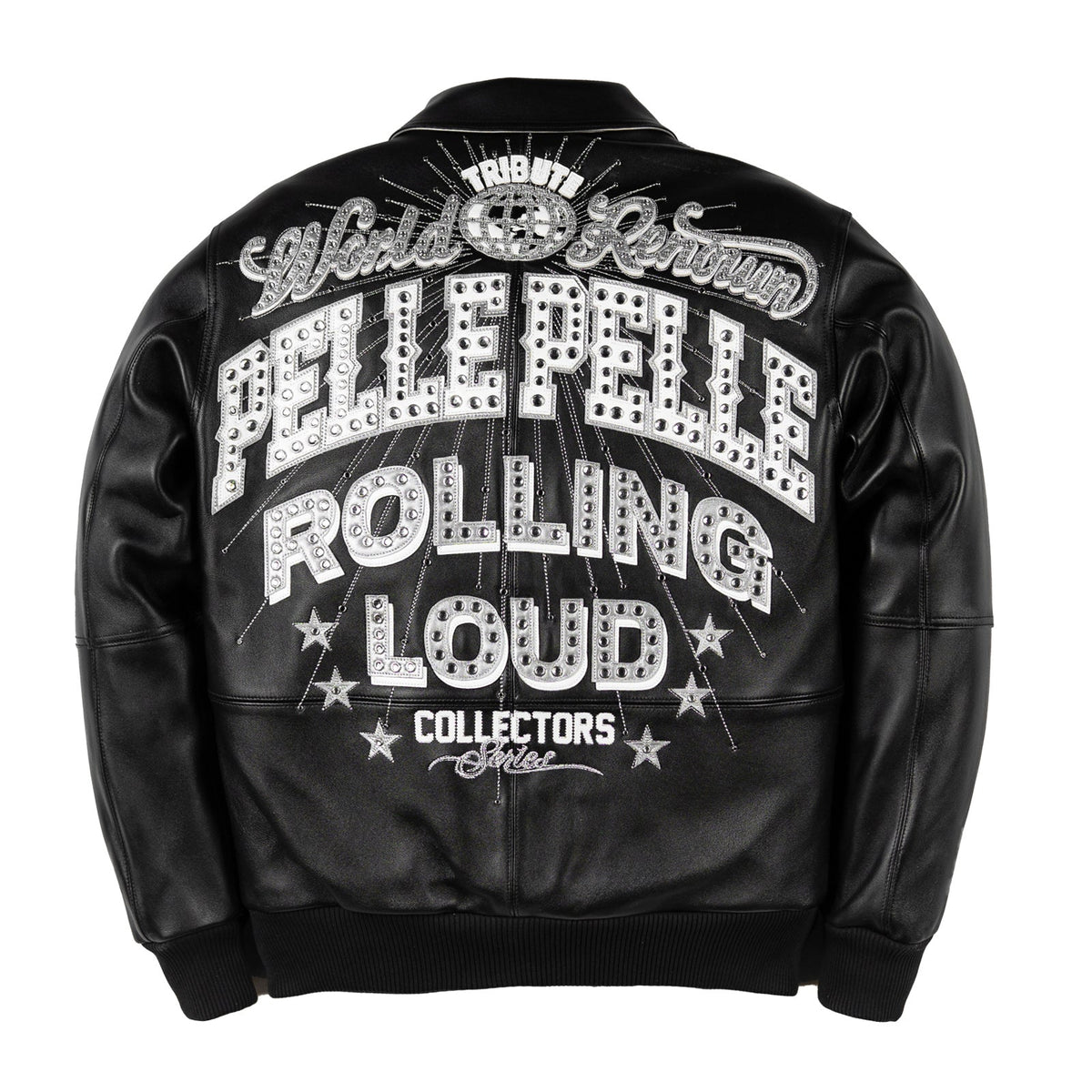 Black leather jacket with white text and graphics on a white background