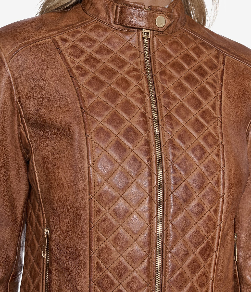 Brown leather jacket with quilted back design