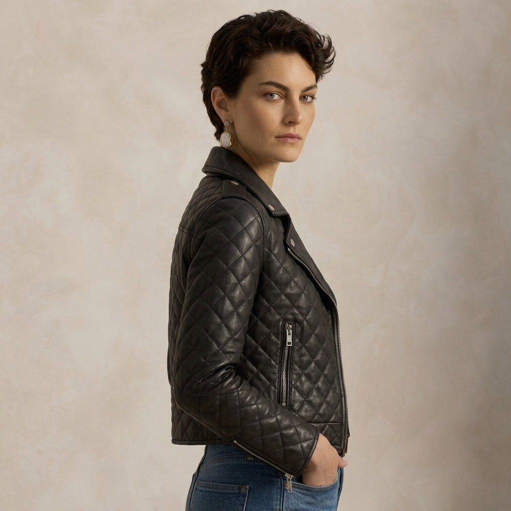 A woman wearing a black quilted leather moto jacket with silver zippers, paired with blue jeans, standing against a textured beige studio background.