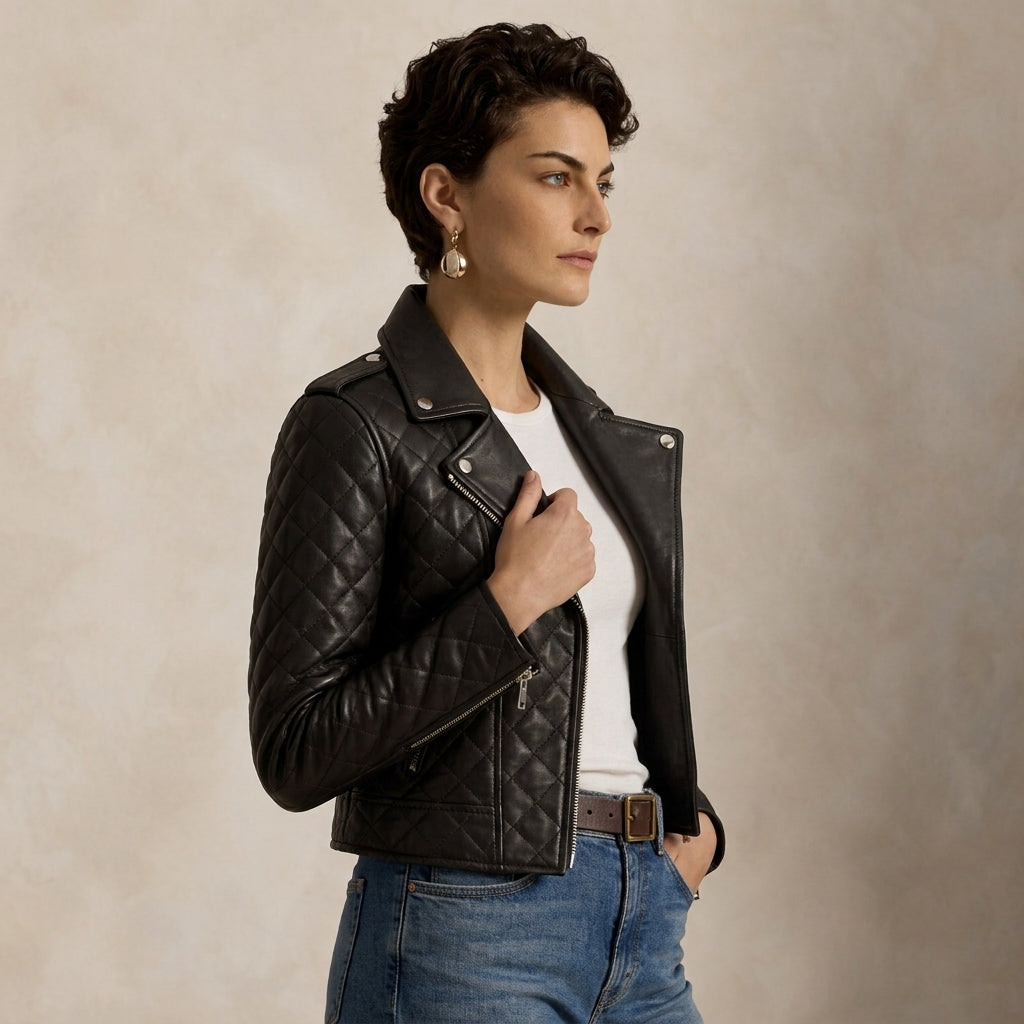 A woman wearing a black quilted leather moto jacket over a white t-shirt and blue jeans, standing against a textured beige studio background.