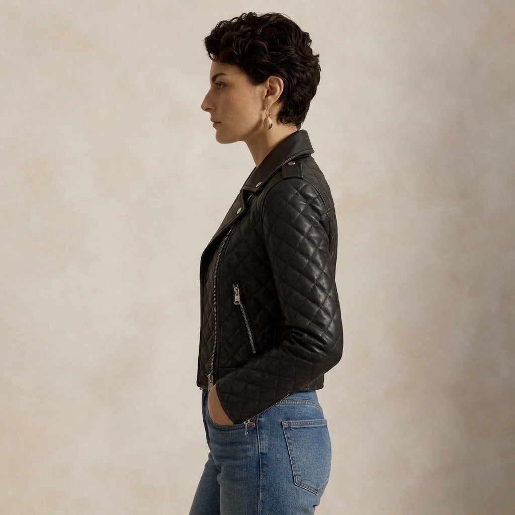 A woman in profile wearing a black quilted leather moto jacket and blue jeans, standing against a textured beige studio backdrop.