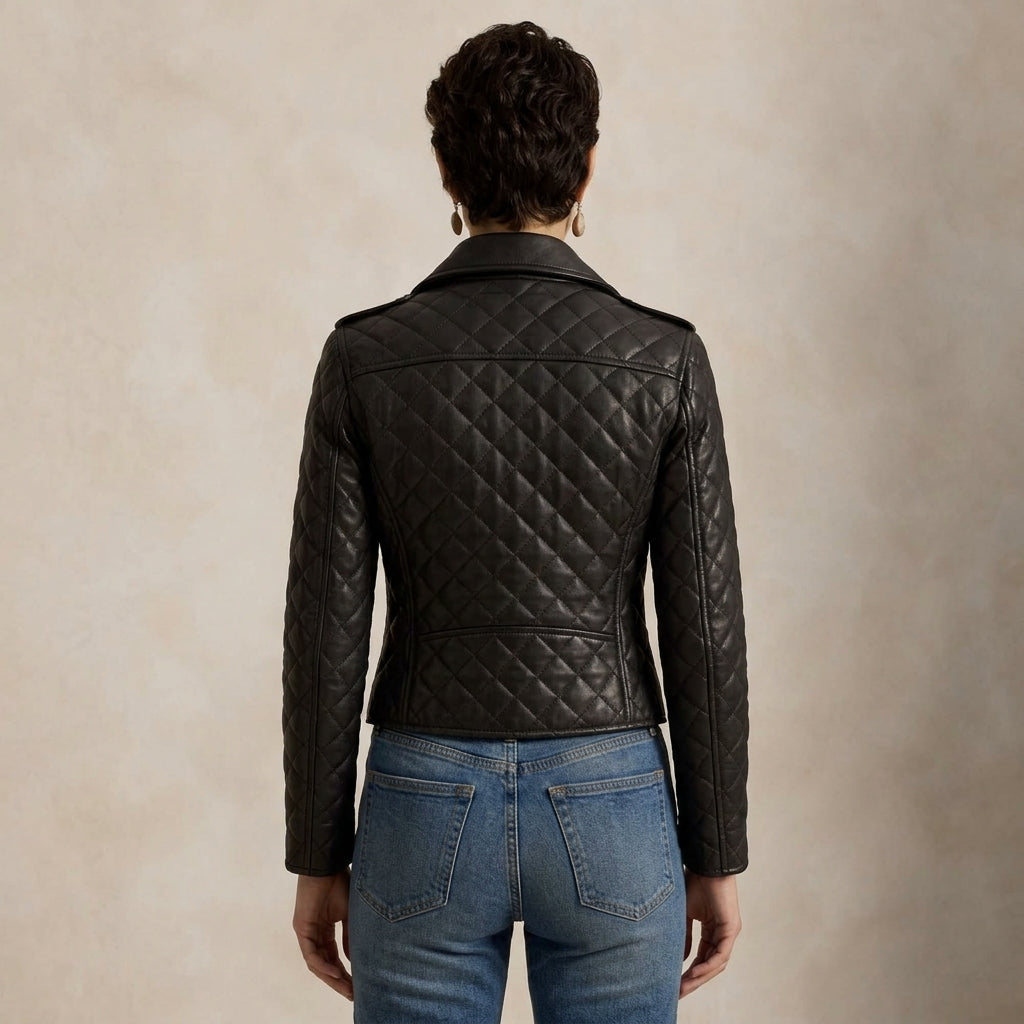 A person shown from the back wearing a black quilted leather jacket and blue jeans, standing against a textured beige studio background.