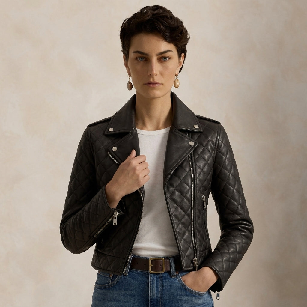 A model wearing a black quilted leather moto jacket over a white t-shirt and blue jeans, standing against a textured beige background.