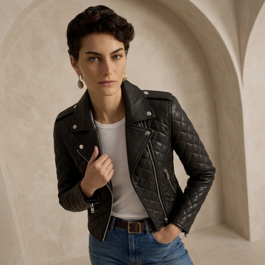 A woman wearing a black quilted leather moto jacket over a white t-shirt and blue jeans, standing in a beige stone archway setting.