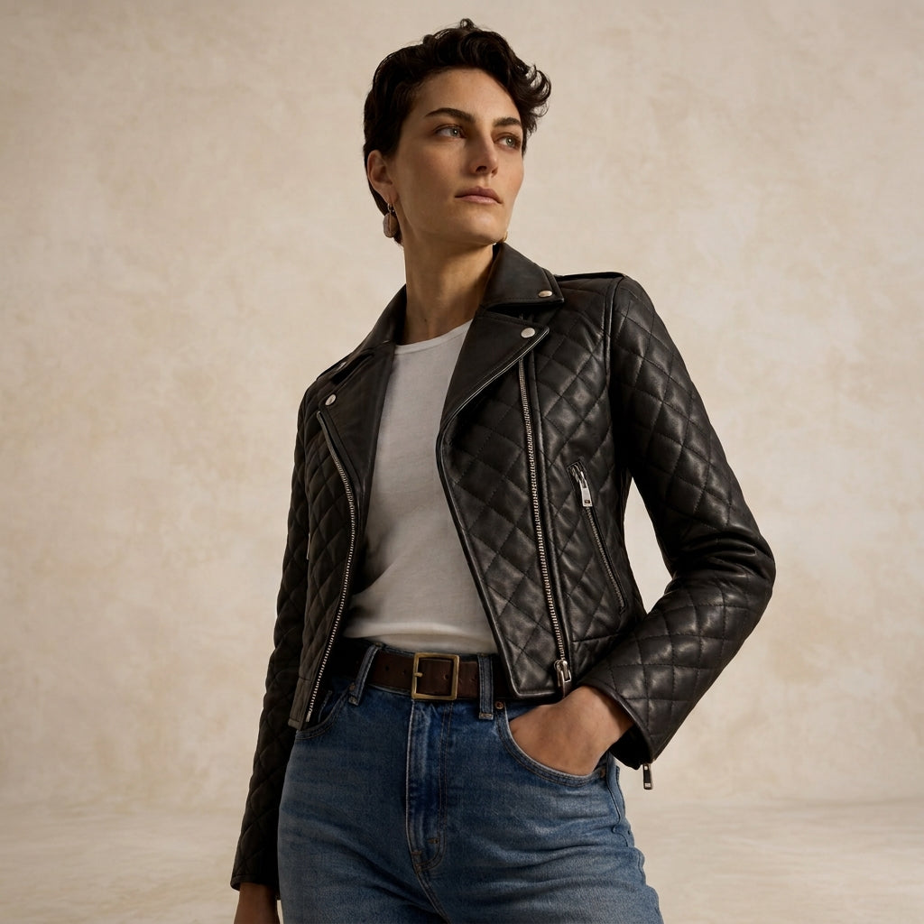 A woman wearing a black quilted leather moto jacket over a white ribbed t-shirt and blue jeans, standing against a textured beige studio backdrop.