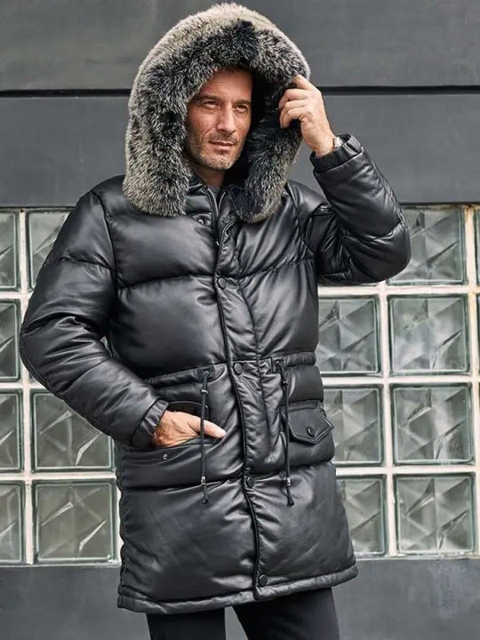 men leather down filled leather coat