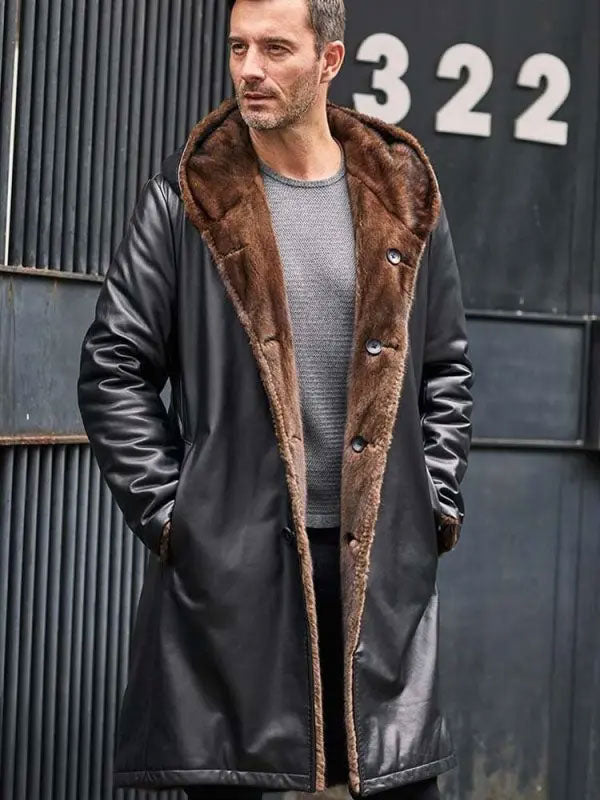 Cowhide Shearling Fur Hooded Leather Coat