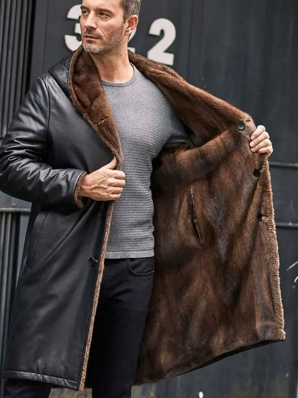 shearling leather coat open view of fur