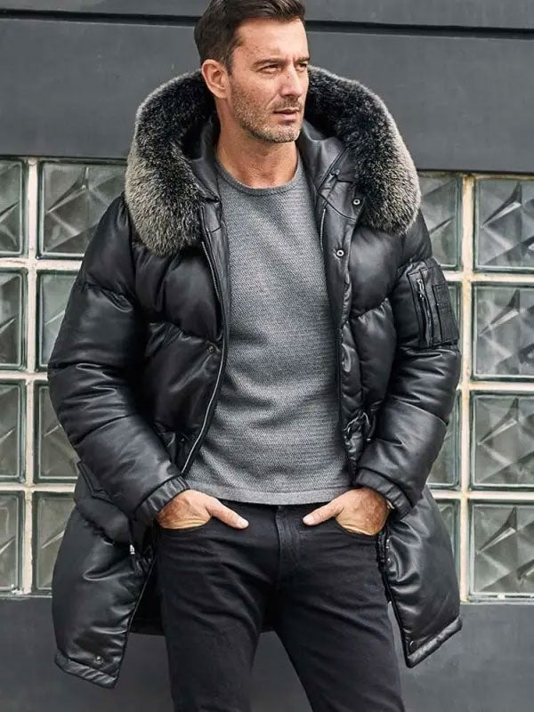 men posing wearing genuine leather shearling coat on grey background
