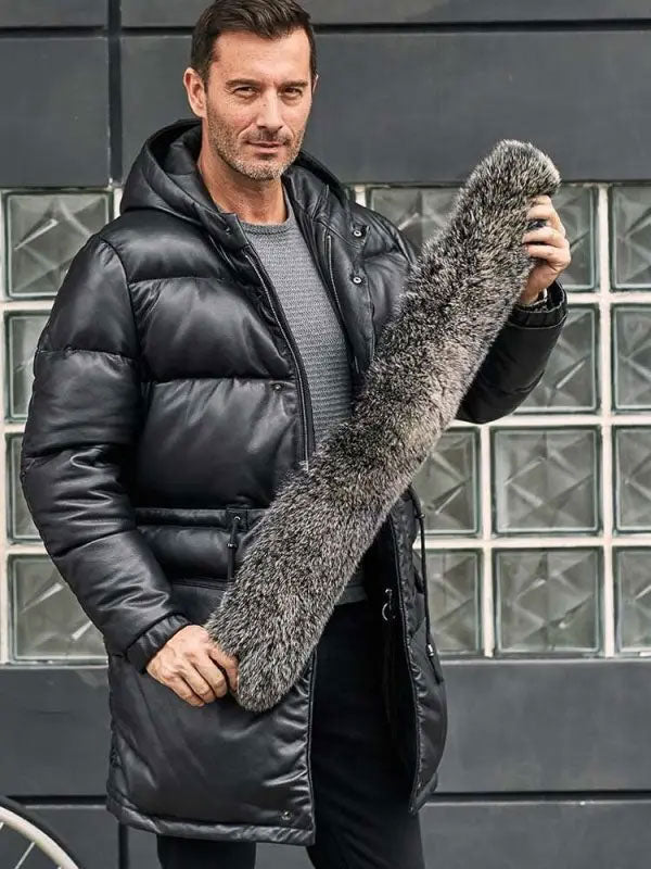 men holding removable fox fur 