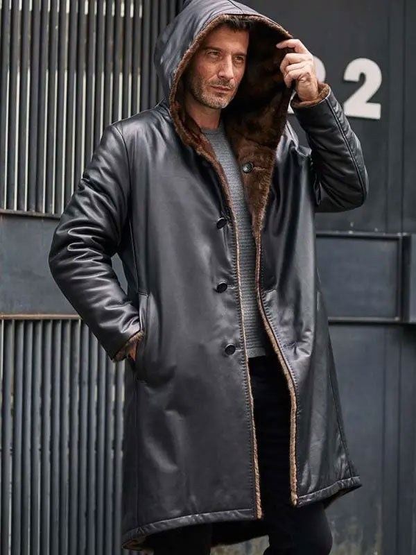 men wearing hooded shearling coat