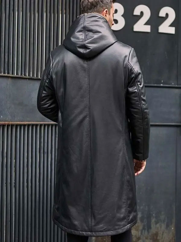 backview of men's shearling leather long coat