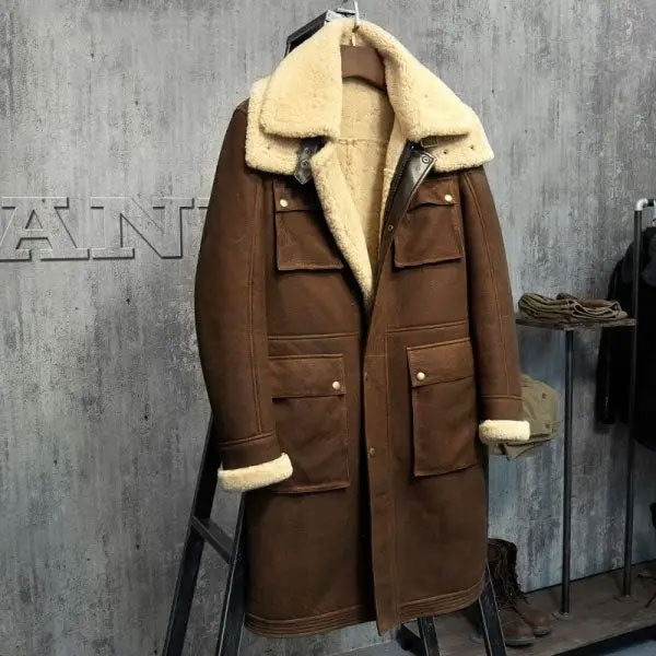 Men’s New Multi Pockets Brown Long Shearling Coat
