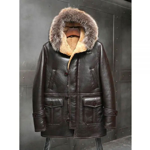 genuine shearling caot with fox fur hood