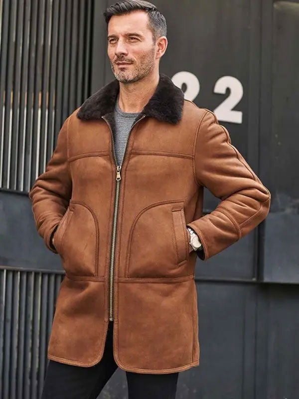 men wearing shearling leather long coat