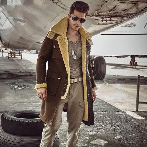 Men’s New Multi Pockets Brown Long Shearling Coat
