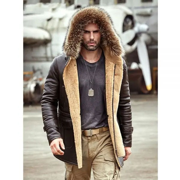 men wearing genuine shearling coat with long fox fur hood