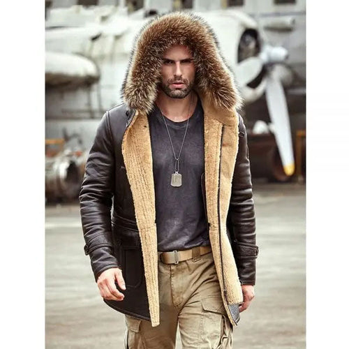 men wearing genuine shearling coat with long fox fur hood