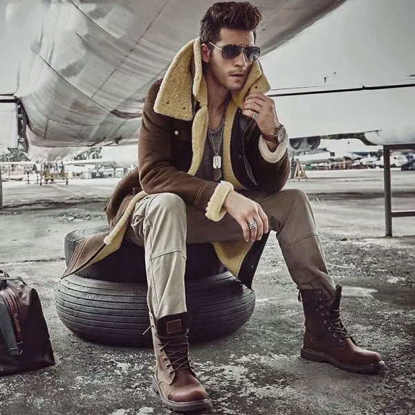 Men’s New Multi Pockets Brown Long Shearling Coat