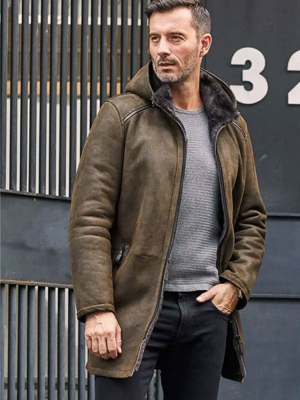 men's shearling coat open front view