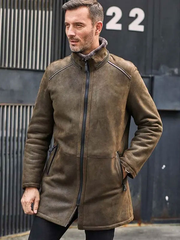 men wearing shearling long coat