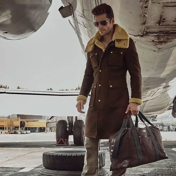 Men’s New Multi Pockets Brown Long Shearling Coat