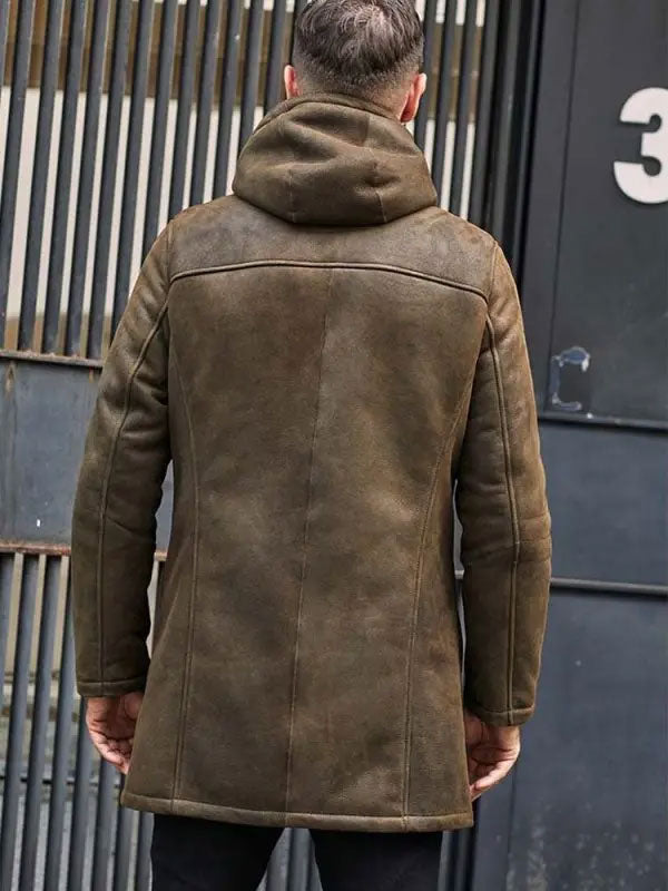 back view of men's shearling long coat