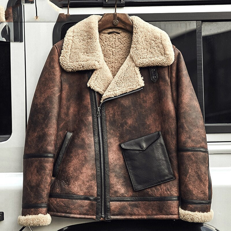 Brown leather jacket with fur collar on a vehicle interior background