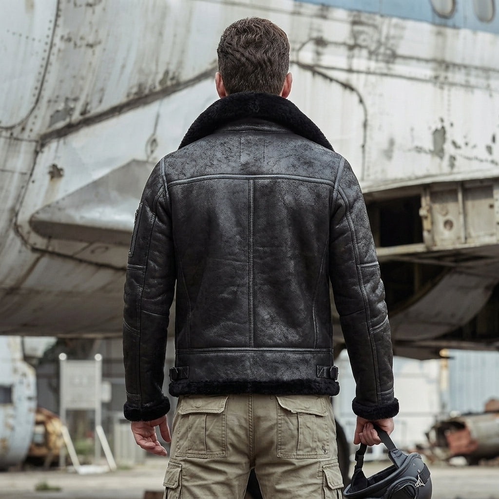 A man viewed from behind wearing a distressed black leather aviator jacket with a dark shearling collar, khaki cargo pants, and holding a black helmet in front of a large, weathered aircraft.