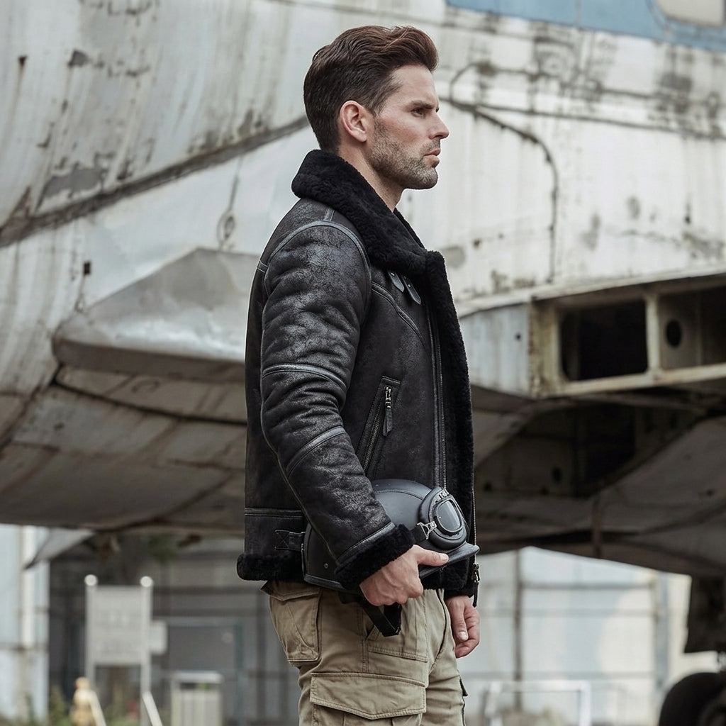 A man in profile wearing a black shearling-lined aviator jacket with a dark fur collar, khaki cargo pants, and holding a helmet, standing in front of a large weathered aircraft.