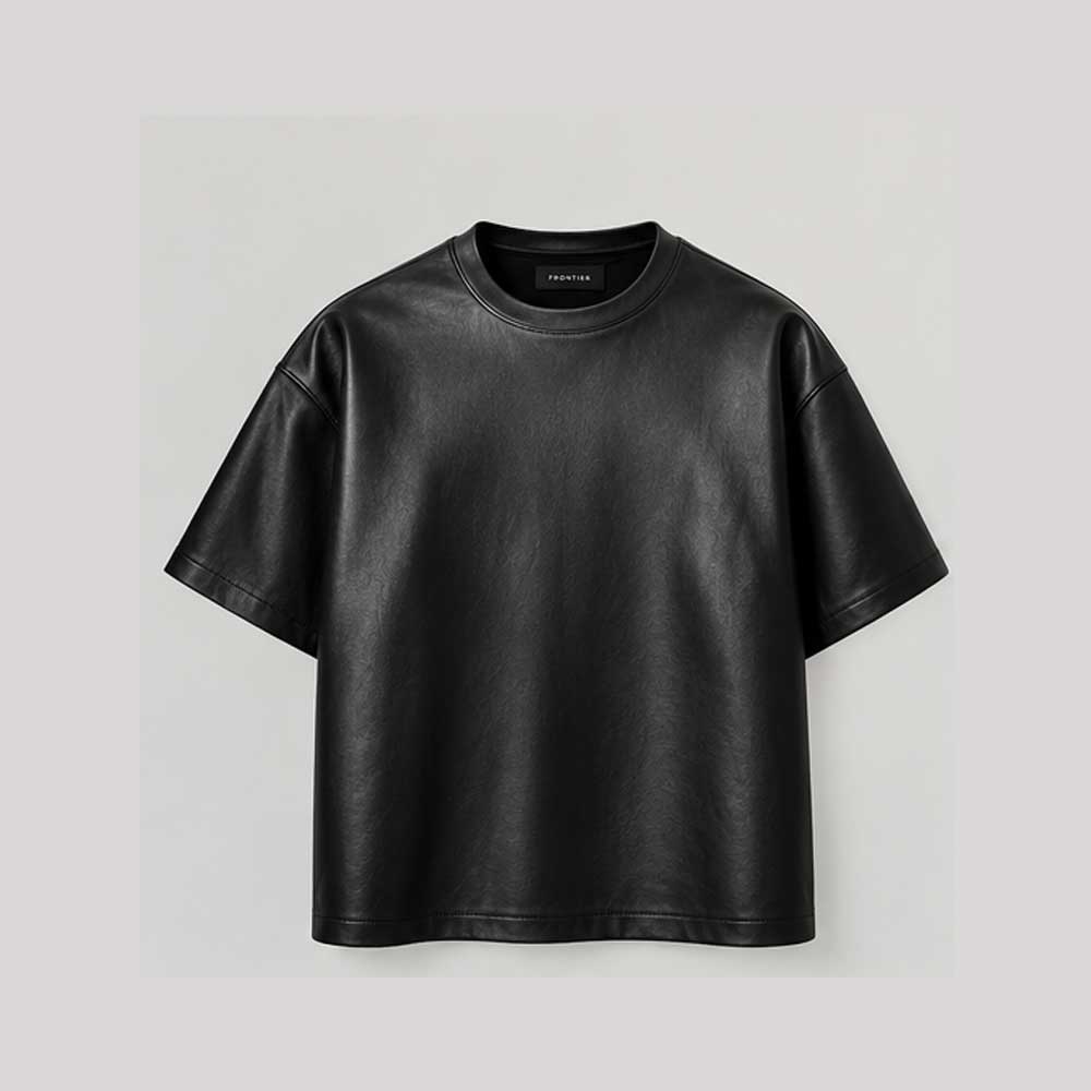 A black short-sleeve crewneck T-shirt with a leather texture, displayed flat against a light gray background.