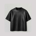 A black short-sleeve crewneck T-shirt with a leather texture, displayed flat against a light gray background.