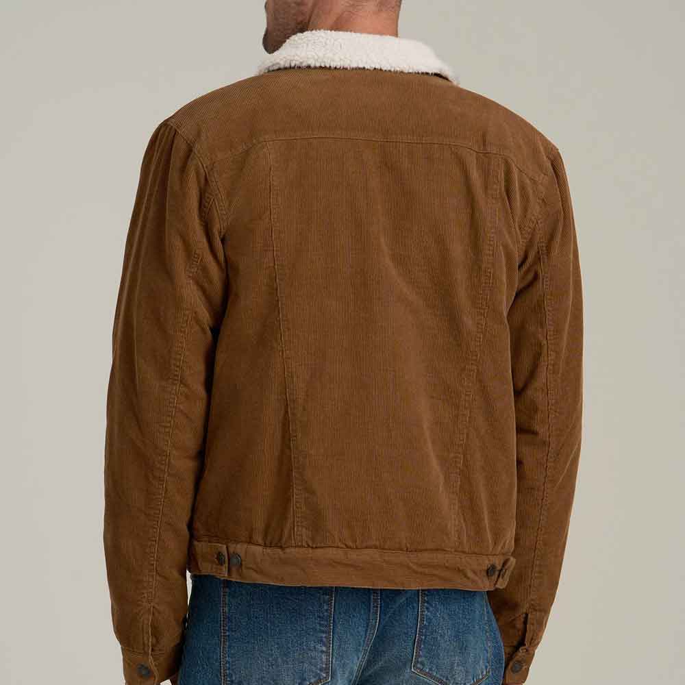 A man wearing a brown corduroy jacket with a white sherpa collar, shown from the back against a light gray studio background.