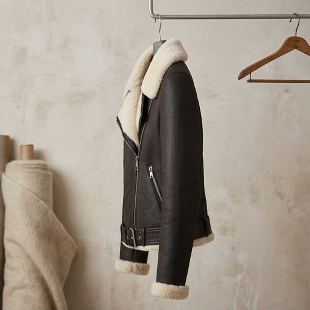 A dark brown leather biker jacket with a thick cream shearling lining, hanging on a metal rack against a textured beige wall.