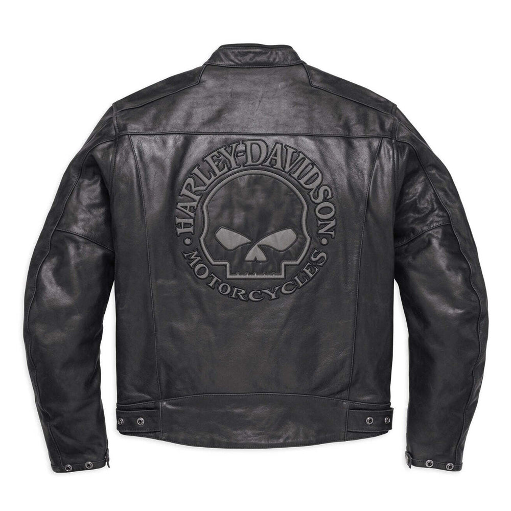 Black leather jacket shown from the back, featuring a large distressed Harley-Davidson Motorcycles skull logo on the back panel.