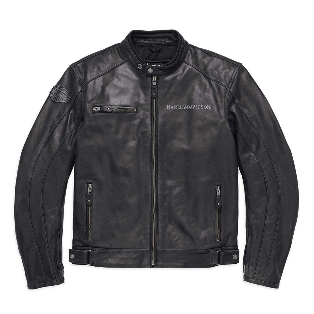 Black leather jacket with Harley-Davidson logo on a white background