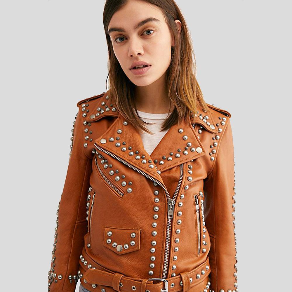 Brown leather jacket with studs on a white background