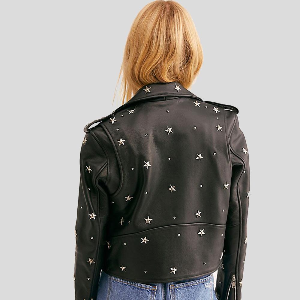 Black leather jacket with star patterns on a gray background