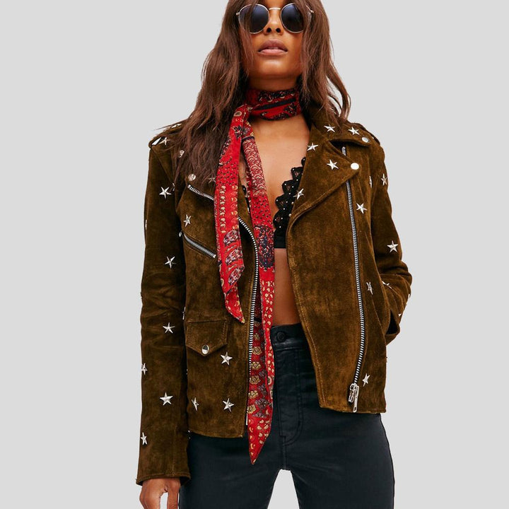 Model wearing Brown suede studded jacket