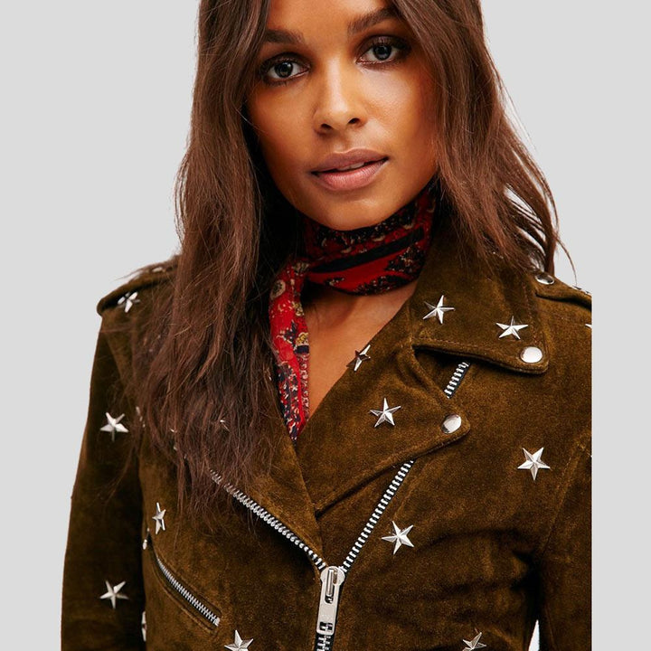 closeup view of Brown suede studded jacket