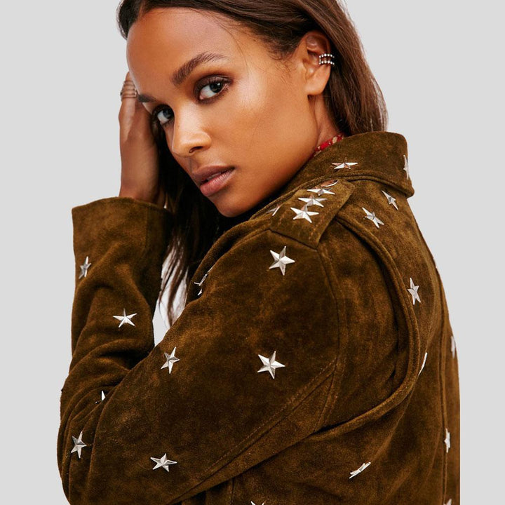 side view of Brown suede studded jacket