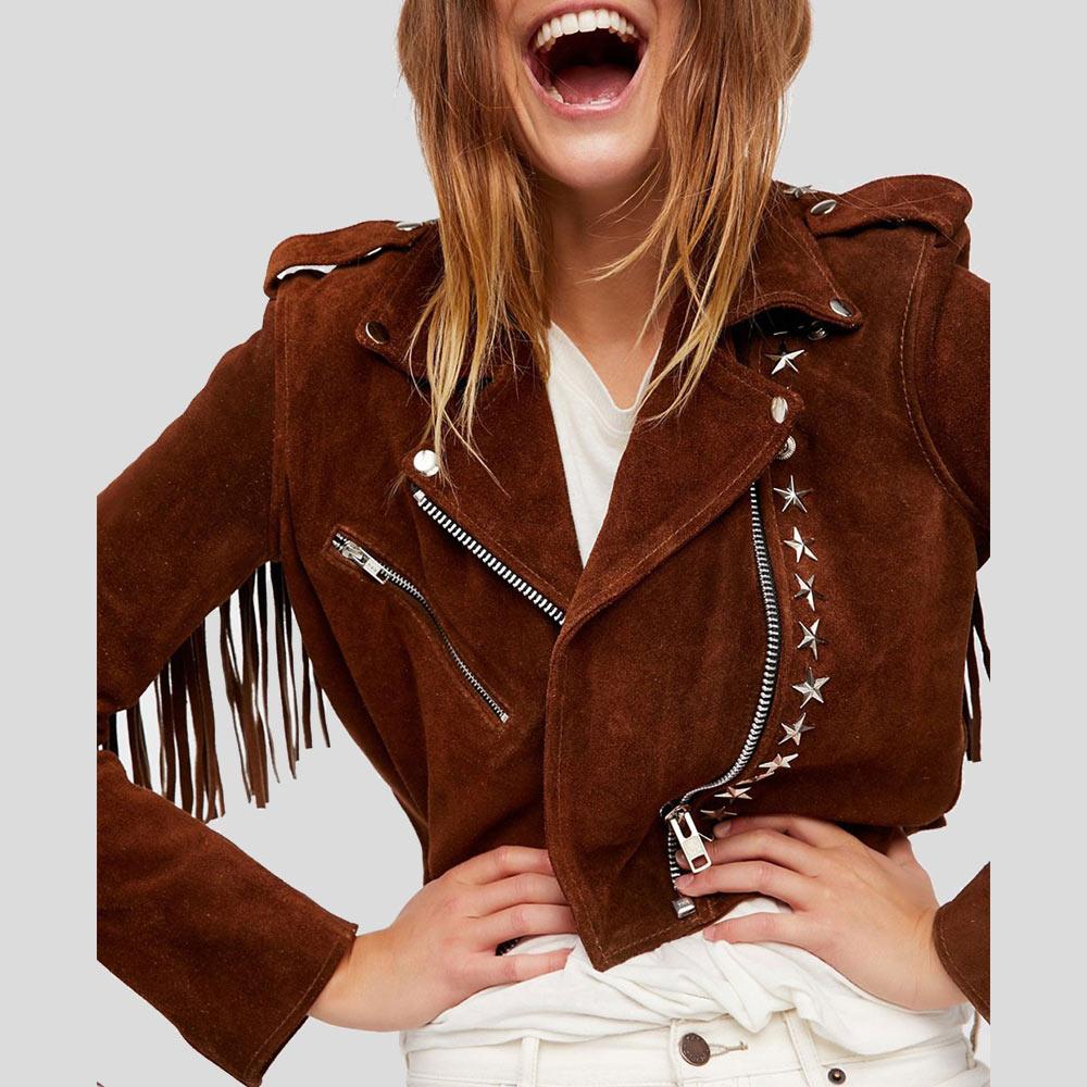 front view of brown women suede jacket