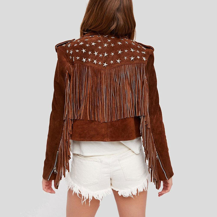 back view of brown women suede jacket