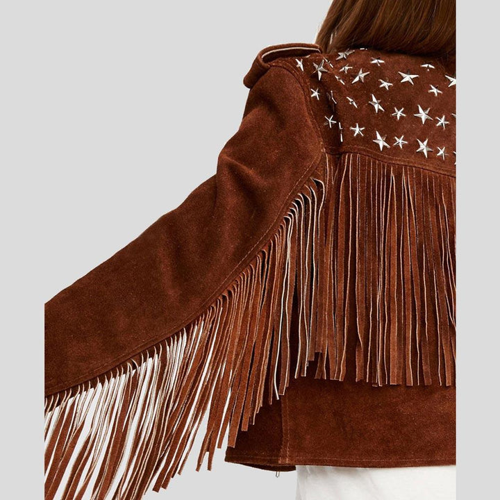 back view of brown women suede jacket