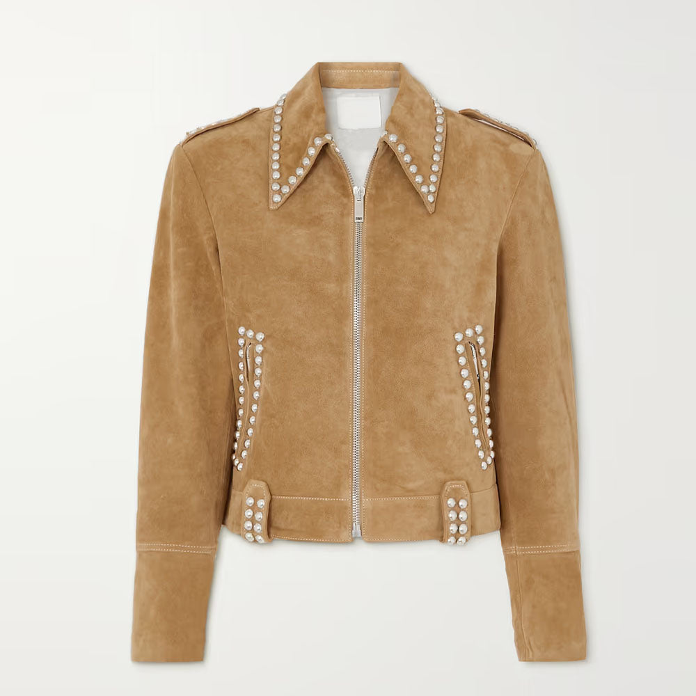 A cropped tan suede jacket with pearl embellishments along the collar, front zipper, and pocket edges, displayed on a clean white background.