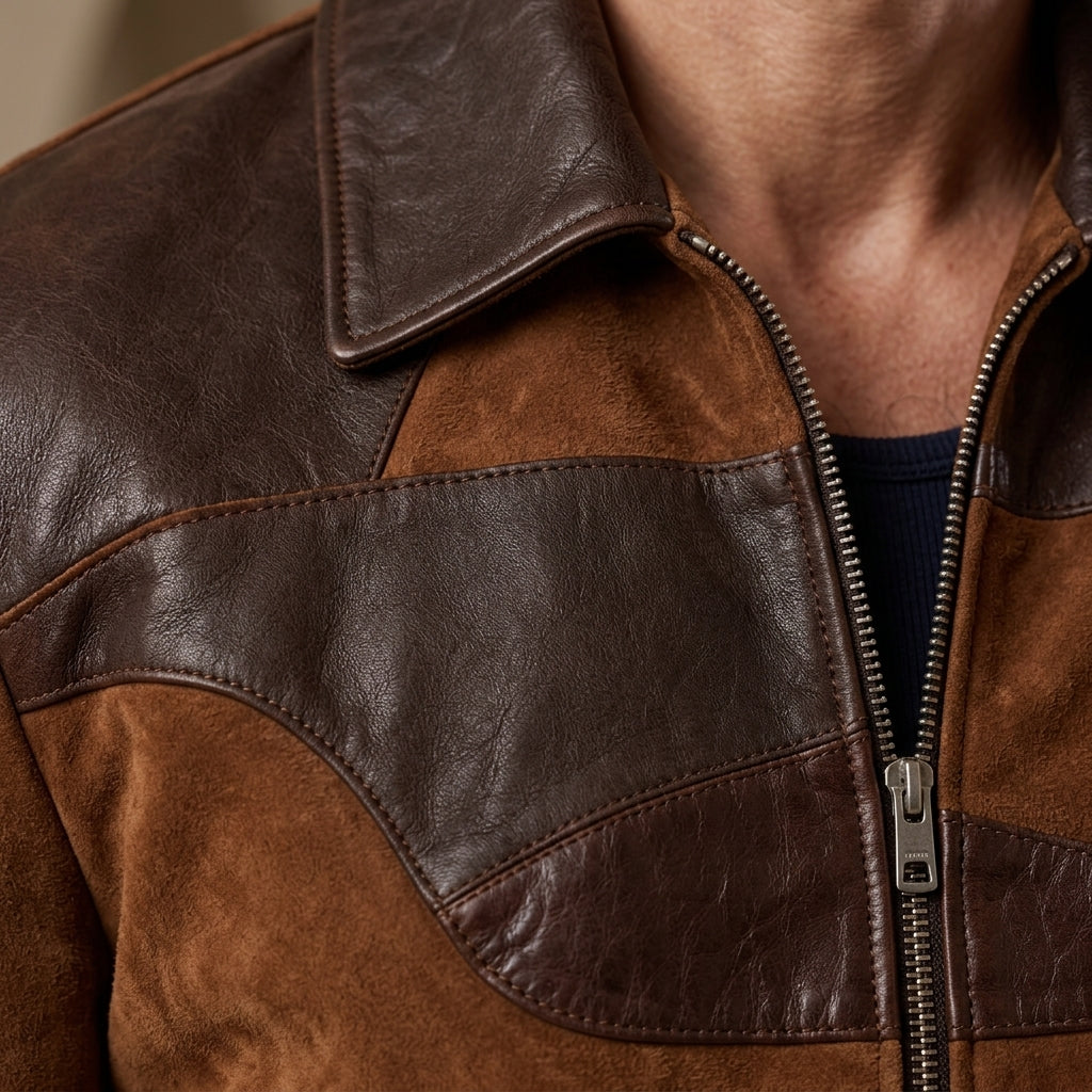 Close-up of a brown leather and suede patchwork jacket with a silver zipper, worn by a model.