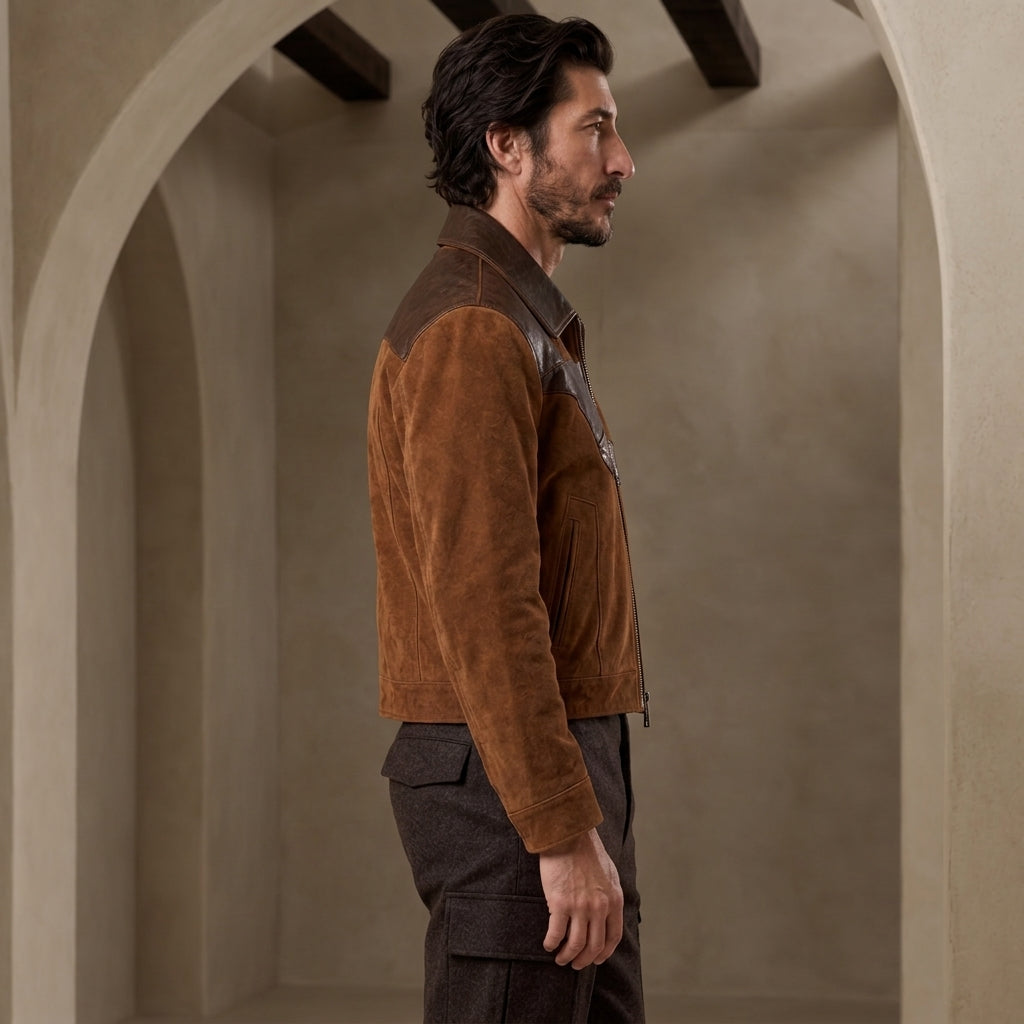 A man in profile wearing a brown suede and leather jacket with dark cargo pants, standing in a rustic stone archway setting.