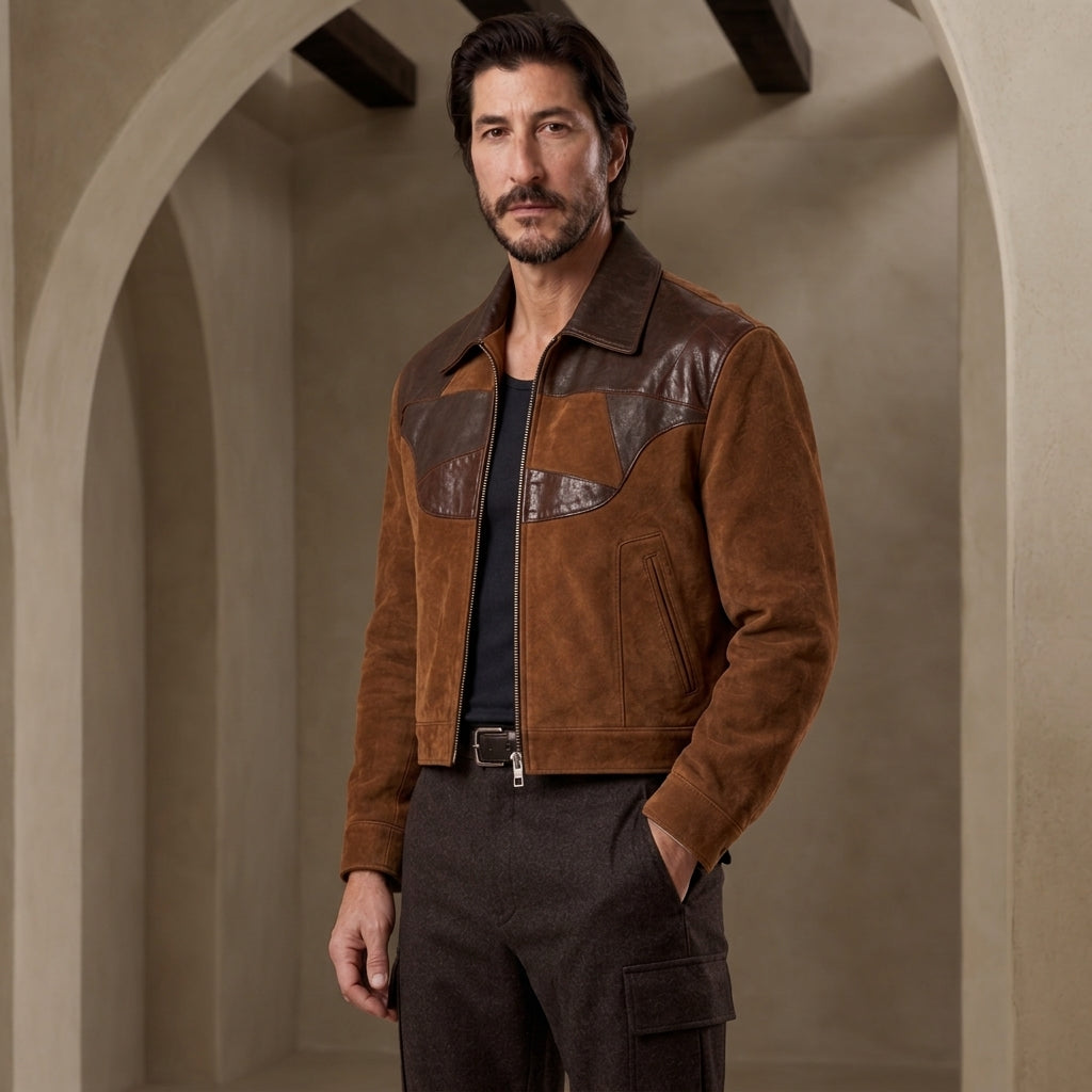A man wearing a brown suede and leather jacket with dark brown pants, standing in a rustic stone archway setting.