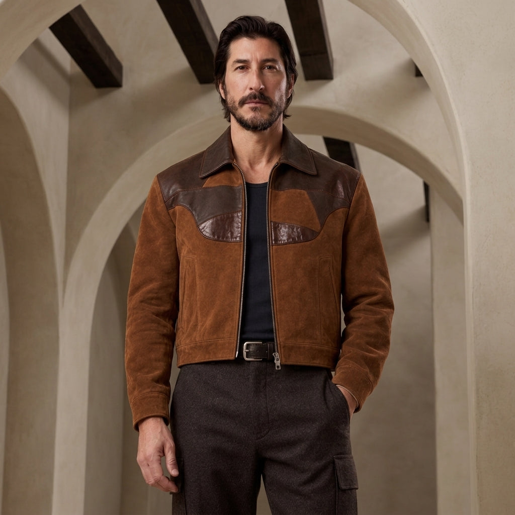 A man wearing a brown suede and leather jacket with dark gray trousers, standing in front of a beige archway background.